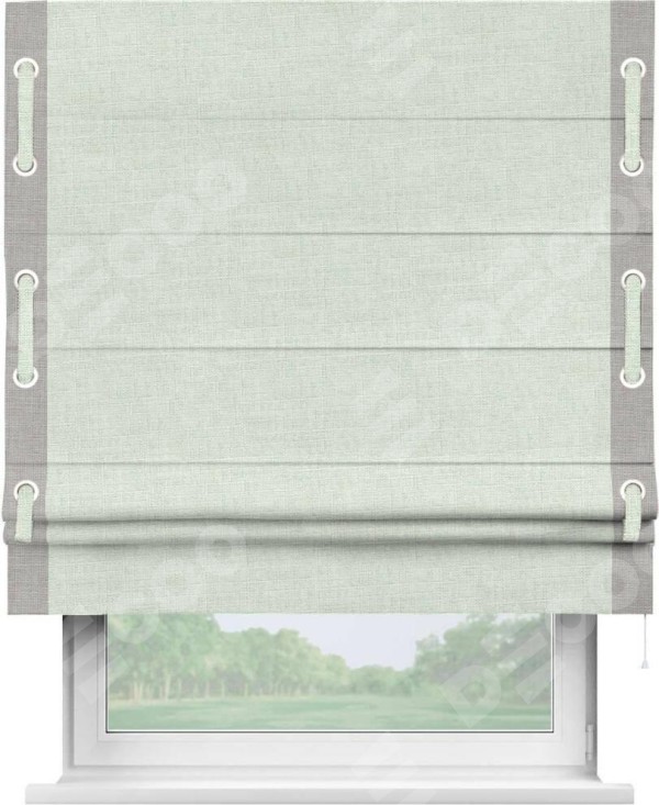 Римская штора «Кортин» для проёма, лён топлёное молоко, с кантом Стрим Дуо (люверсы с пояском)