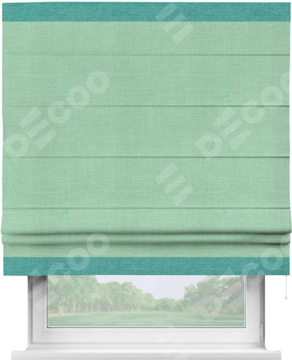 Римская штора «Кортин» с кантом Горизонт, для проема, ткань лён светло-бирюзовый