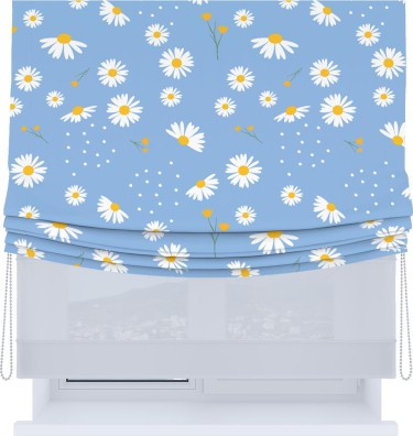 Римская штора «Кортин», день-ночь с мягкими складками, «Ромашки на голубом»