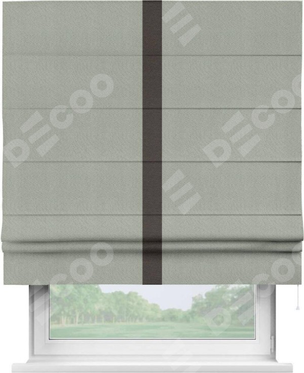 Римская штора «Кортин» отделка кантом Хайвэй, для проема, ткань лён димаут, в сером цвете