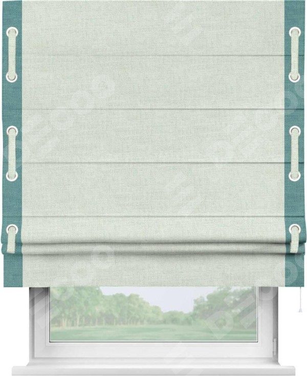 Римская штора «Кортин» для проёма, лён топлёное молоко, с кантом Стрим Дуо (люверсы с пояском)