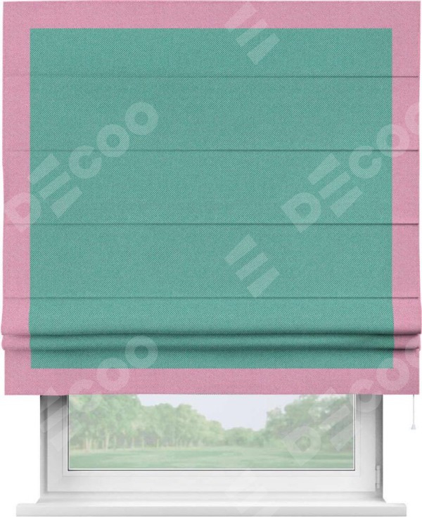 Римская штора «Кортин» с кантом Чесс, для проема, ткань лён димаут, бирюзовый
