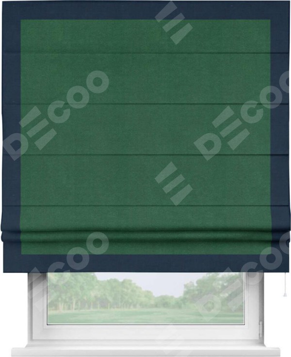 Римская штора «Кортин» с кантом Чесс, для проема, ткань вельвет зеленый
