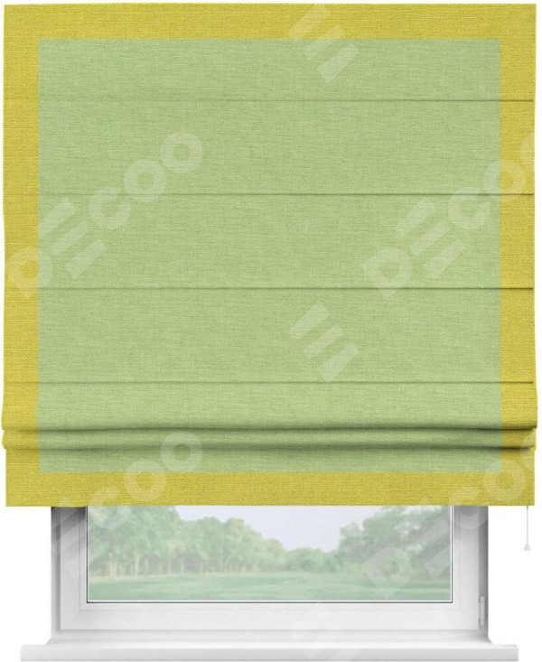 Римская штора «Кортин» с кантом Чесс, для проема, ткань лён зеленый