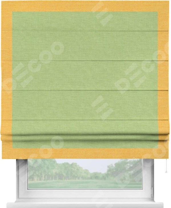 Римская штора «Кортин» с кантом Чесс, для проема, ткань лён зеленый