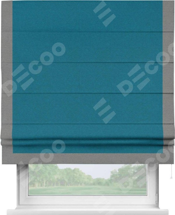 Римская штора «Кортин» с кантом Виктория, для проема, ткань лён димаут, светло-синий