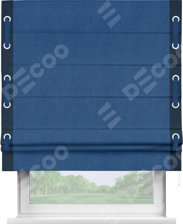 Римская штора «Кортин» с кантом Стрим Дуо (люверсы с пояском), для проема, ткань вельвет синий