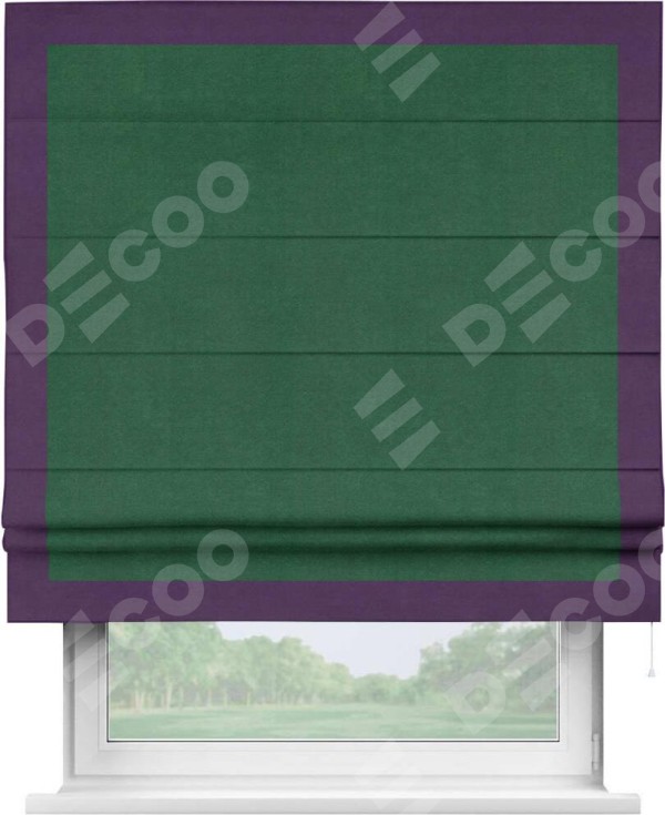 Римская штора «Кортин» с кантом Чесс, для проема, ткань вельвет зеленый
