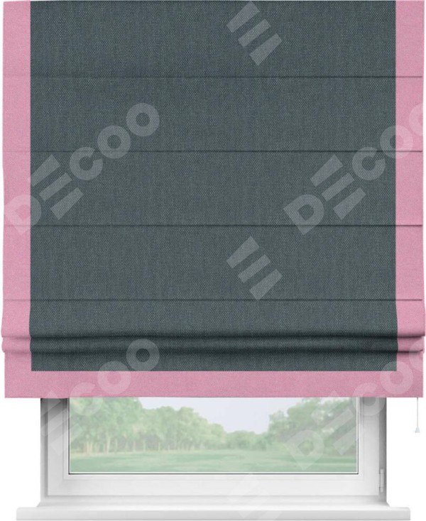 Римская штора «Кортин» с кантом Виктория, для проема, ткань лён димаут, серо-синий