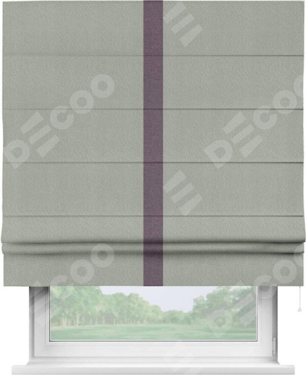 Римская штора «Кортин» отделка кантом Хайвэй, для проема, ткань лён димаут, в сером цвете