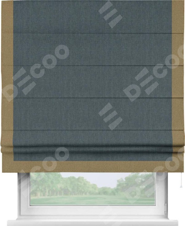 Римская штора «Кортин» с кантом Виктория, для проема, ткань лён димаут, серо-синий