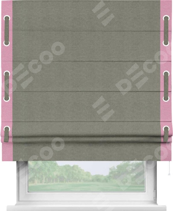 Римская штора «Кортин» с кантом Стрим Дуо (люверсы с пояском), для проема, ткань лён димаут, стальной