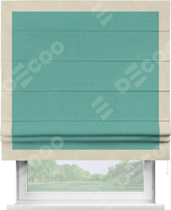 Римская штора «Кортин» с кантом Чесс, для проема, ткань лён димаут, бирюзовый