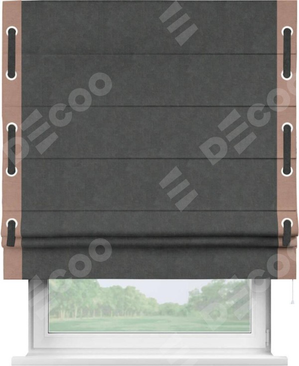 Римская штора «Кортин» с кантом Стрим Дуо (люверсы с пояском), для проема, ткань вельвет цвет тёмно-серый