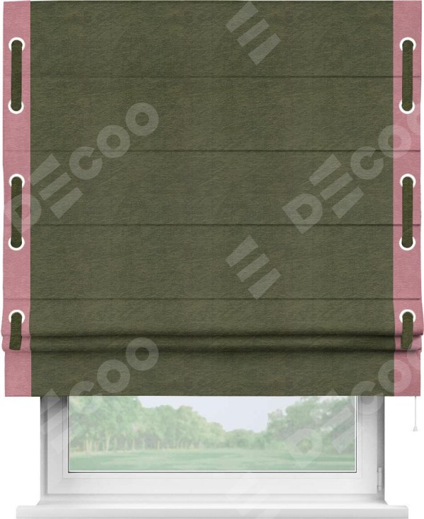 Римская штора «Кортин» с кантом Стрим Дуо (люверсы с пояском), для проема, ткань софт однотонный зелёный