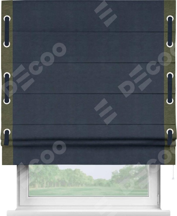 Римская штора «Кортин» с кантом Стрим Дуо (люверсы с пояском), для проема, ткань софт однотонный тёмно-синий