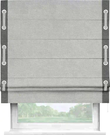 Римская штора «Кортин» для проема, твид блэкаут светло-серый, с кантом Стрим Дуо (люверсы с пояском)