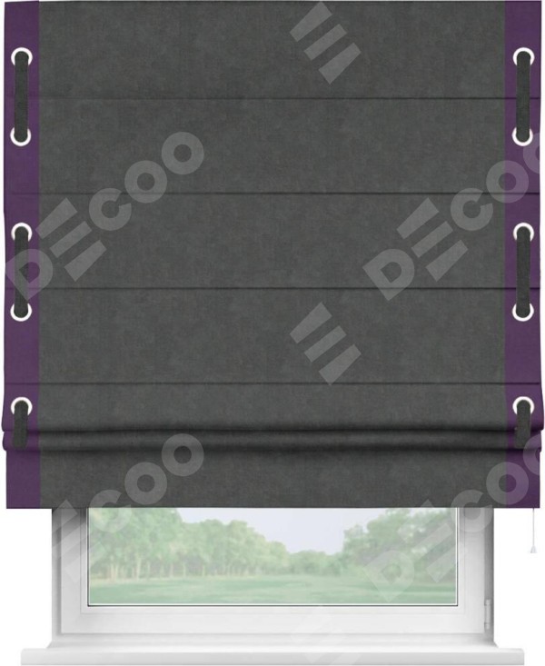 Римская штора «Кортин» с кантом Стрим Дуо (люверсы с пояском), для проема, ткань вельвет цвет тёмно-серый