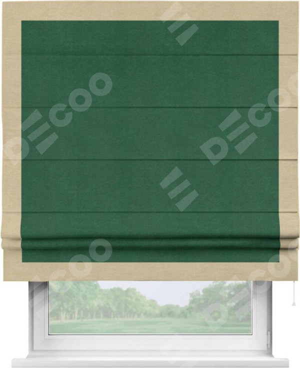 Римская штора «Кортин» с кантом Чесс, для проема, ткань вельвет зеленый
